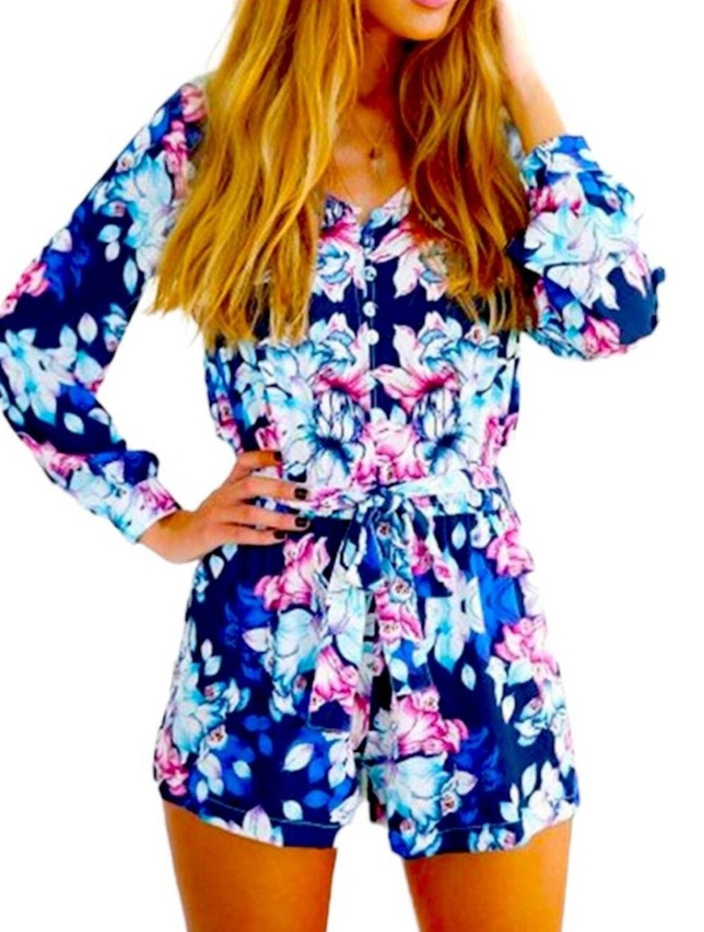 Navy Floral Long-Sleeve V-Neck Dress Women's Size 4
